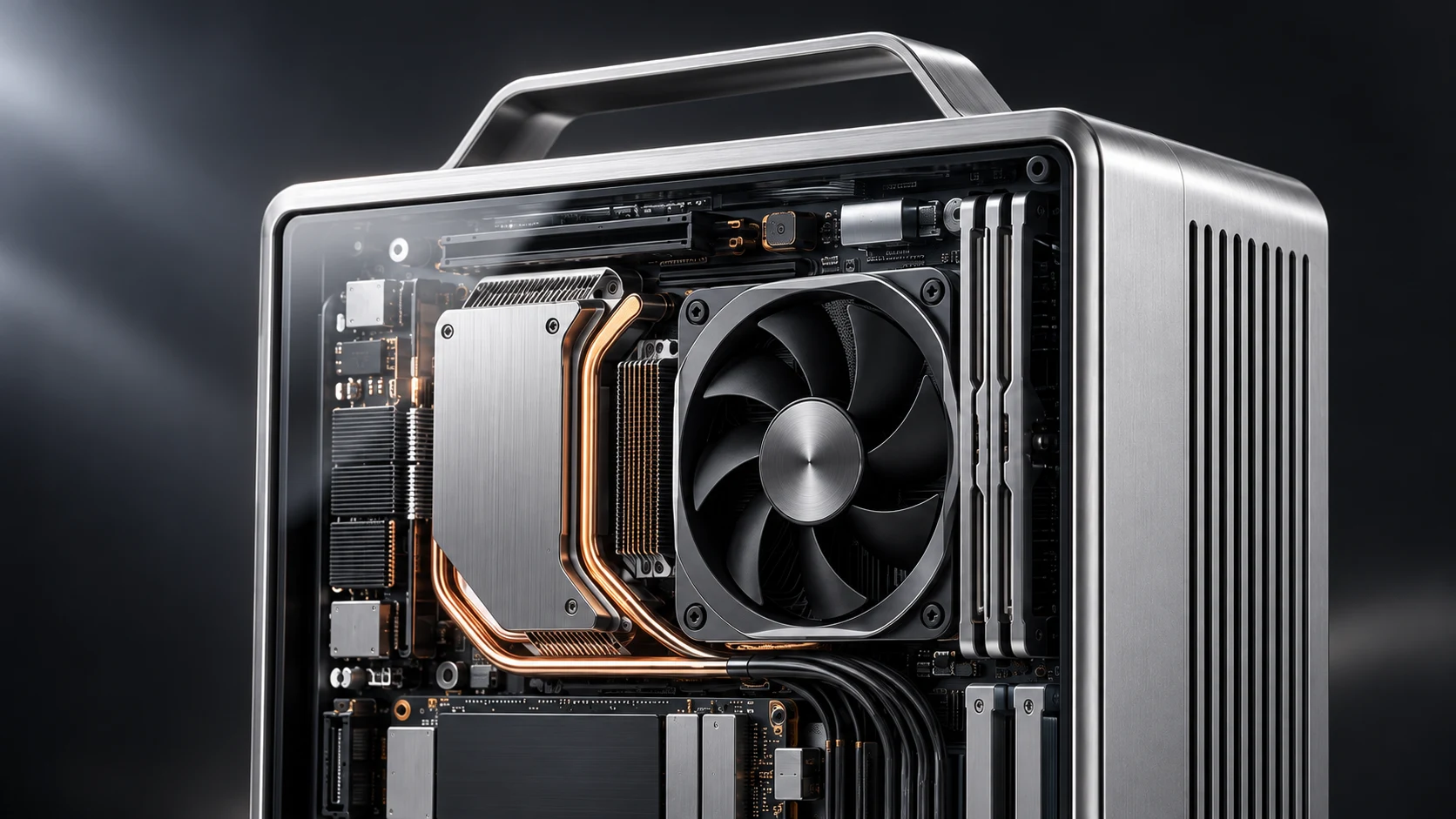 Close-up of PRIME’s silver handle, clear front, cooling fan, and copper heatpipes
